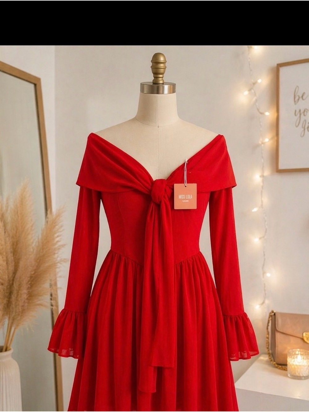 Miss Lola Red Off Shoulder Tie Front Mini Dress Flowy Long Sleeve